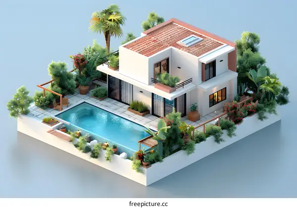 A 3D rendering of a modern house with a pool and a garden
