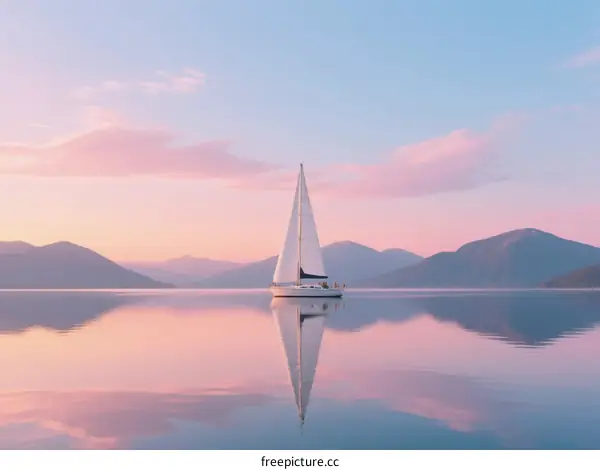 A peaceful sailboat floating on calm water under a colorful sky