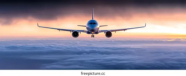 Aerial View of Airplane Above Clouds During Sunrise