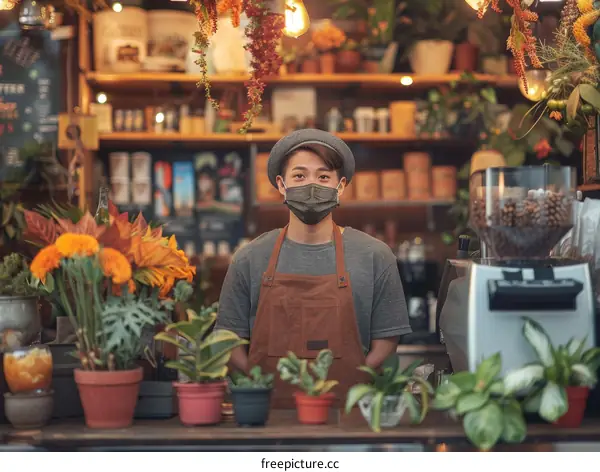 Portrait of a male florist wearing a mask standing in a flower shop