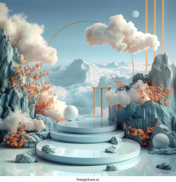 Abstract Pastel Mountain Landscape with Clouds and  Pedestal