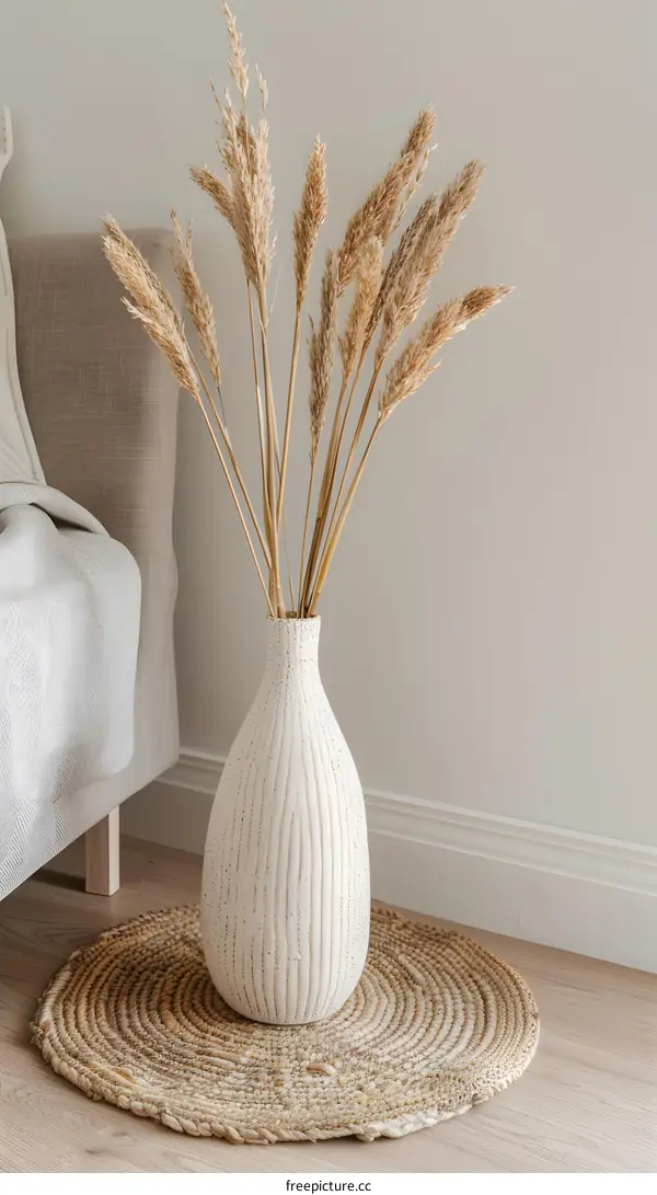 White Vase with Dried Flowers on a Round Rug