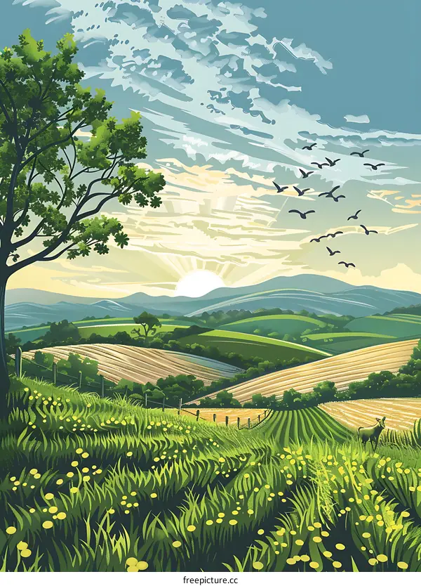 Sunrise Over Rolling Hills Landscape Illustration