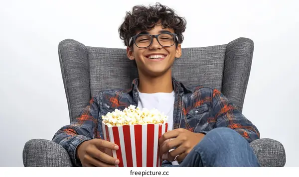 Teenager enjoying popcorn in armchair