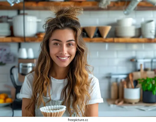 Portrait of a beautiful young woman barista making coffee in a cafe