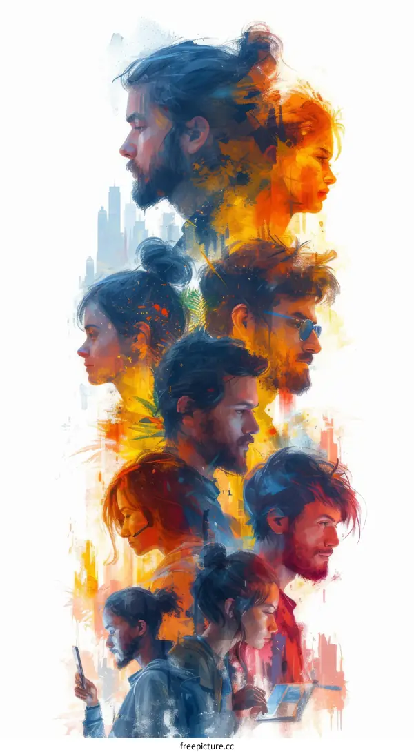 Illustration of diverse people with cityscape background