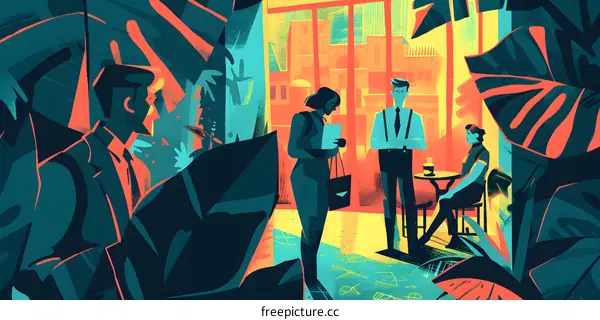 People Standing in a Tropical Garden Illustration