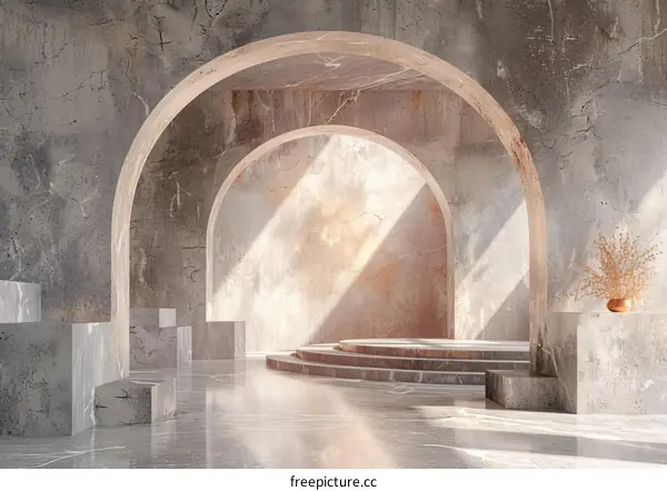 Arched Walkway Leads through Lines of Light and Shadow