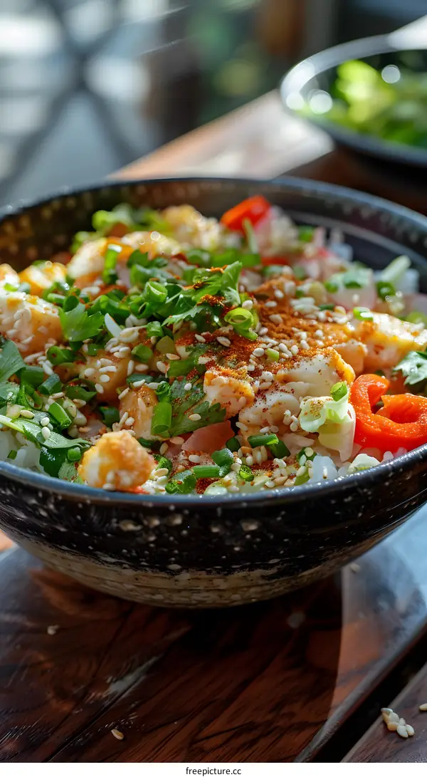 Closeup of a Bowl of Rice with Fried Tofu and Toppings