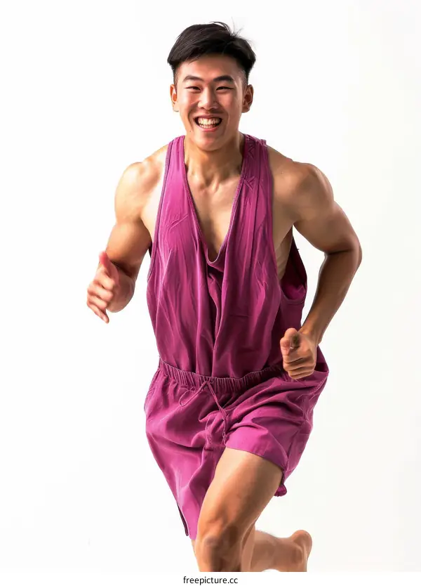 Asian man in purple jumpsuit smiling and running