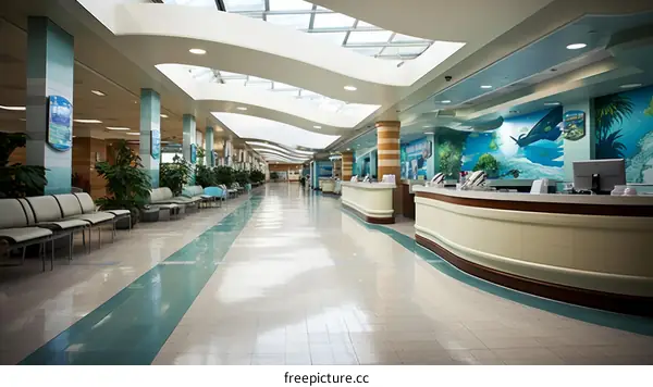 Modern hospital interior with empty waiting room