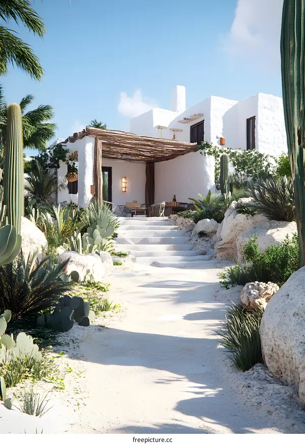White Villa With Wooden Pergola in Desert Setting