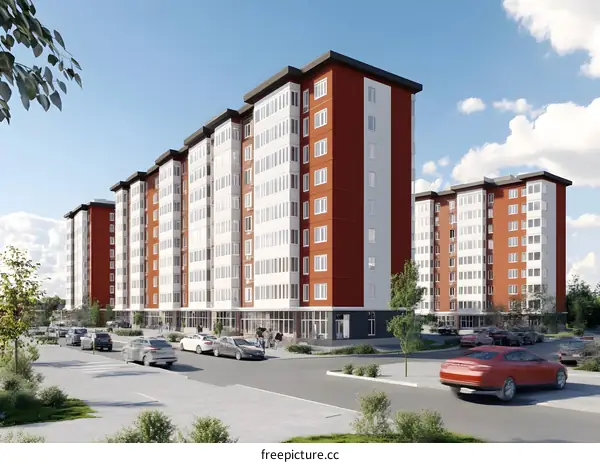 Modern Apartment Building Facade with Red Brick Exterior