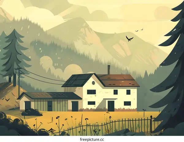 Mountain Landscape with Farmhouse and Pine Trees