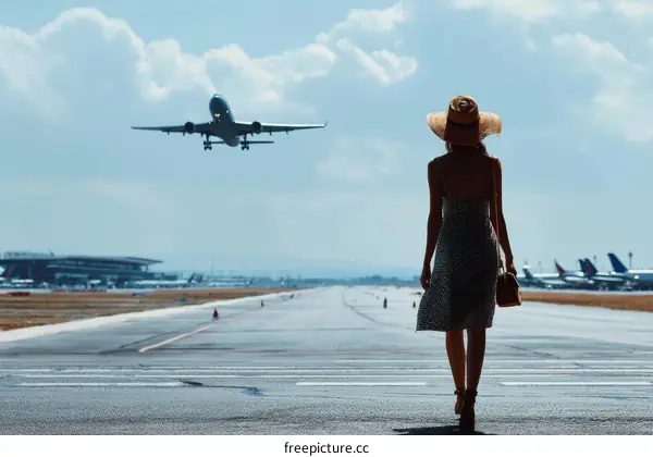 Woman walking on airport runway with airplane in sky