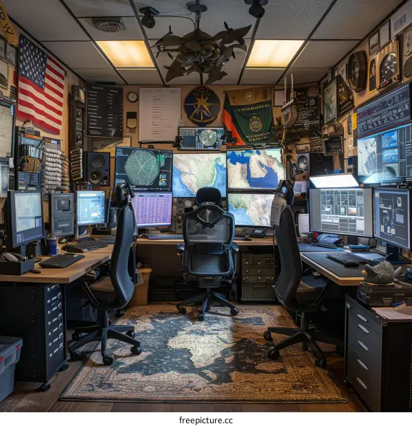 A cyber security analyst concentrates on multiple workstation monitors in a dark room