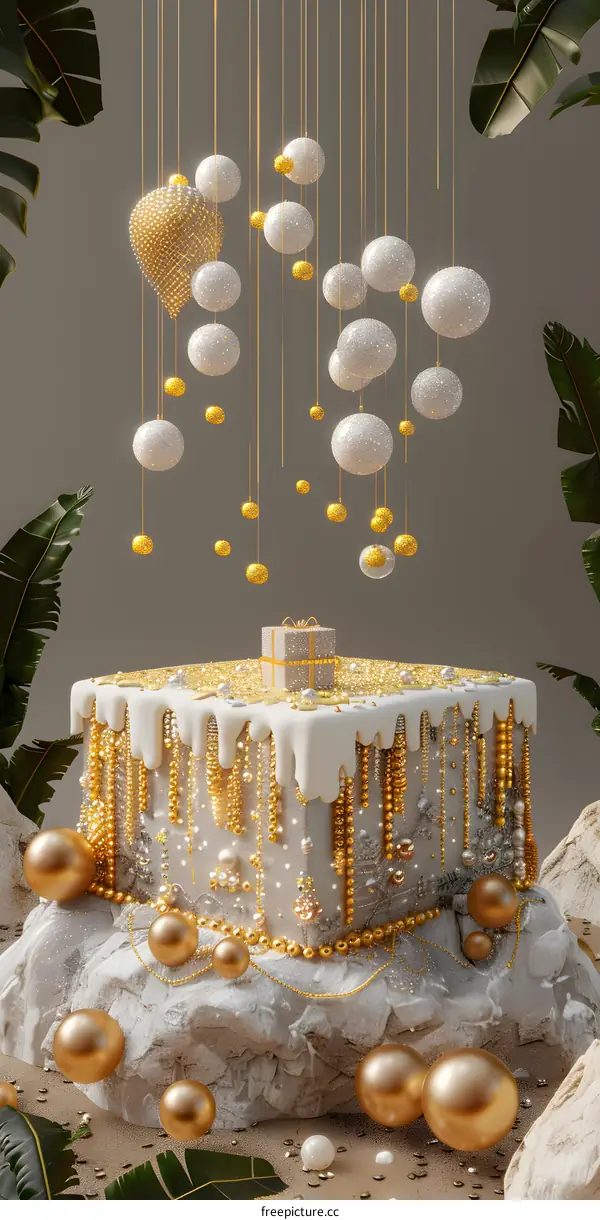 Golden Christmas Decoration With White Balls On Grey Background