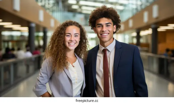 Two young professionals smiling in an office building