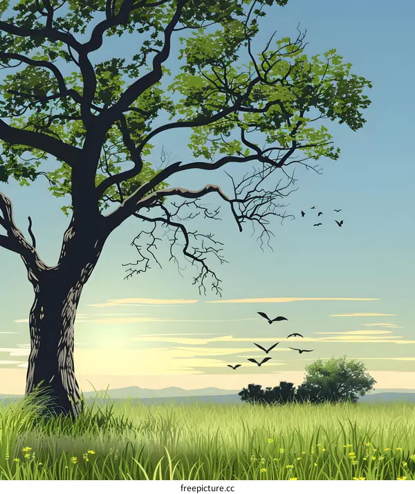 Tall Tree in Meadow with Birds Flying