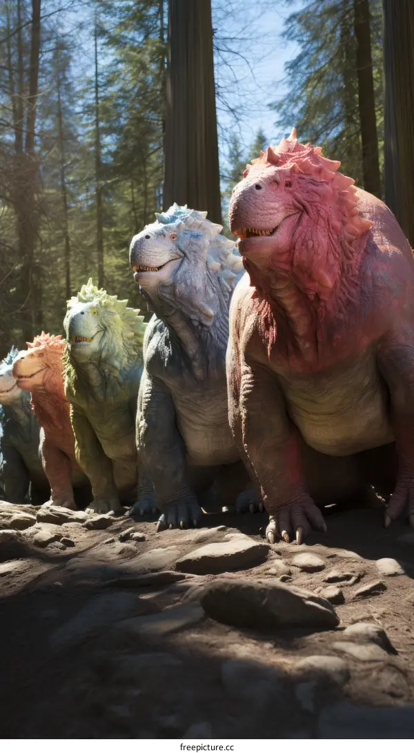 Colorful Dinosaurs in a Verdant Forest