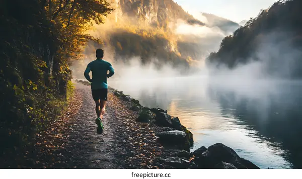 Man Running Along a Misty Lake with Mountain Background