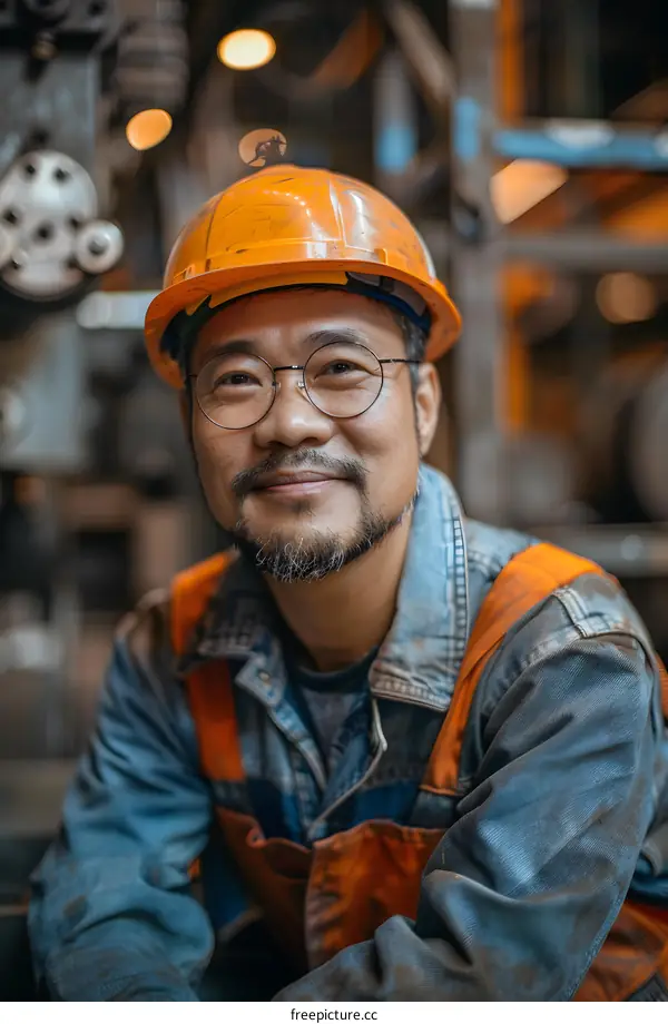 Portrait of a male worker wearing a hard hat and glasses in a factory