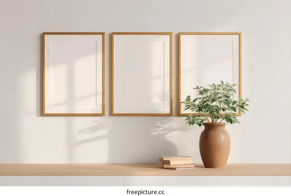 Three Gold Framed Pictures Displaying Modern Interior