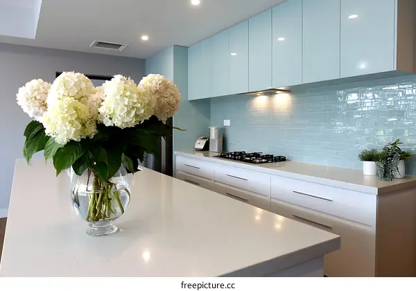 Modern Kitchen Interior with Light Blue Backsplash and White Countertops