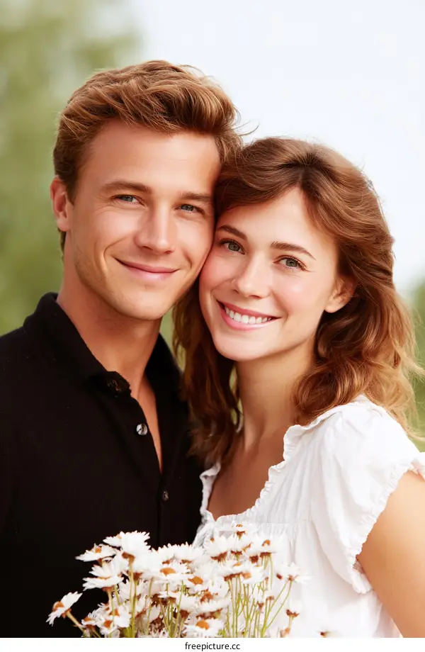 Couple Portrait with Flowers Outdoors