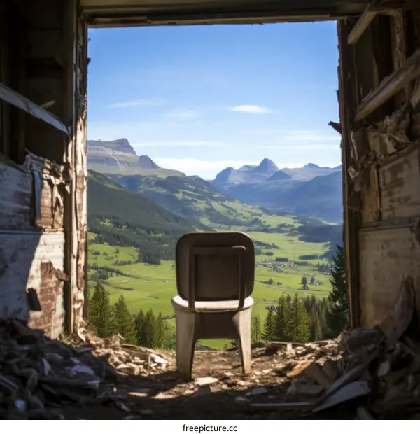 A solitary chair sits in an abandoned building, looking out at a beautiful mountain landscape.