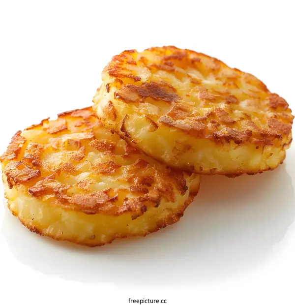 Two Golden Brown Hash Browns on White Background