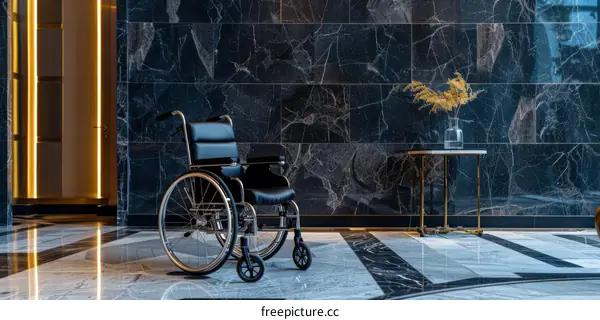 Black Marble Wall Background with an Empty Wheelchair