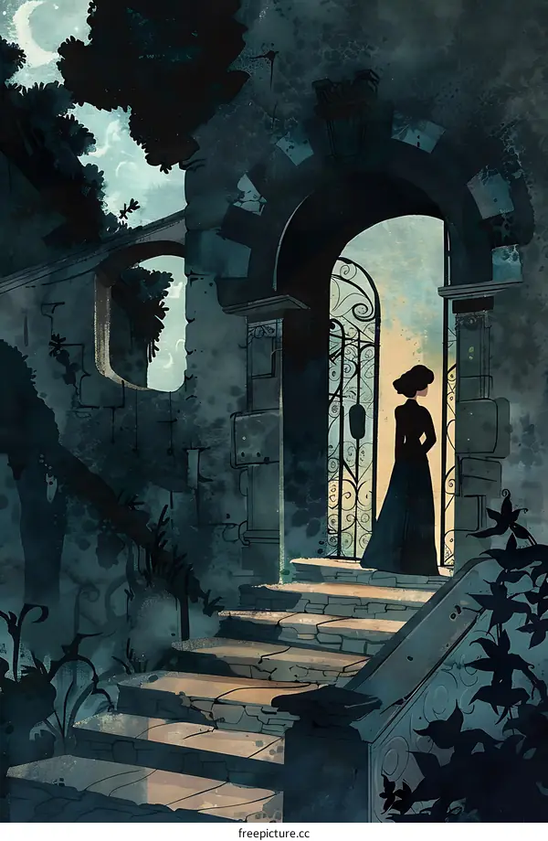 Woman in Black Dress Standing Before Gate in a Garden