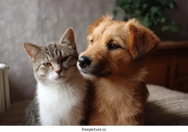 Domestic Cat and Dog Close-up Portrait