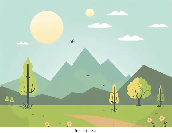 Flat Design Illustration of a Green Landscape with Mountains and Trees