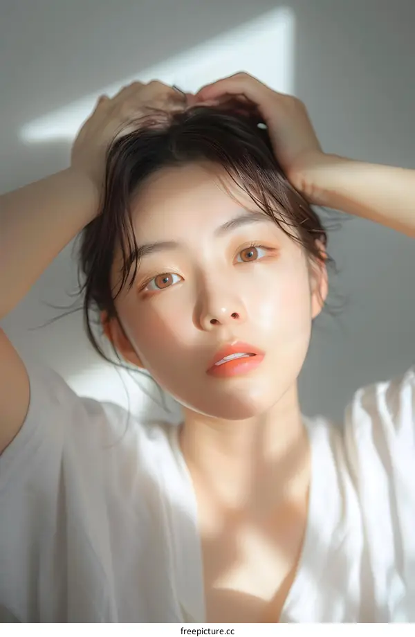 Close Up Portrait Of Asian Woman With Sunlight On Face