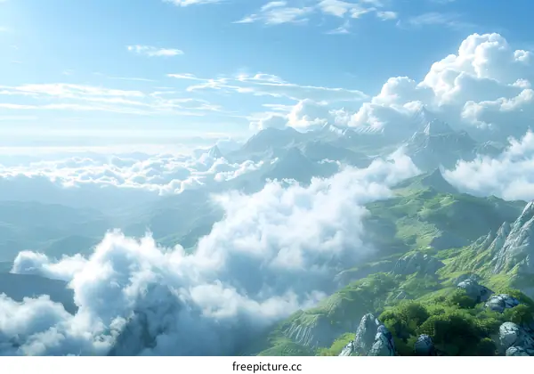 The mountain is high and the clouds are misty, and the scenery is beautiful.