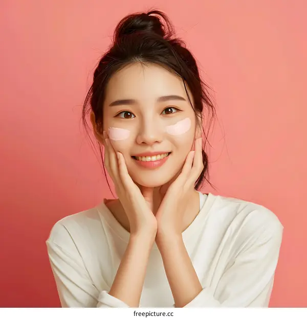 Smiling Asian Woman Applying Skincare Product