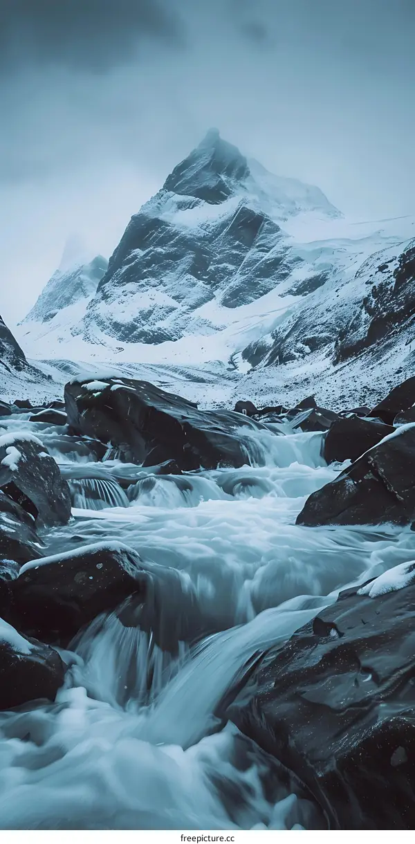 Snowy Mountain with Stream of Water