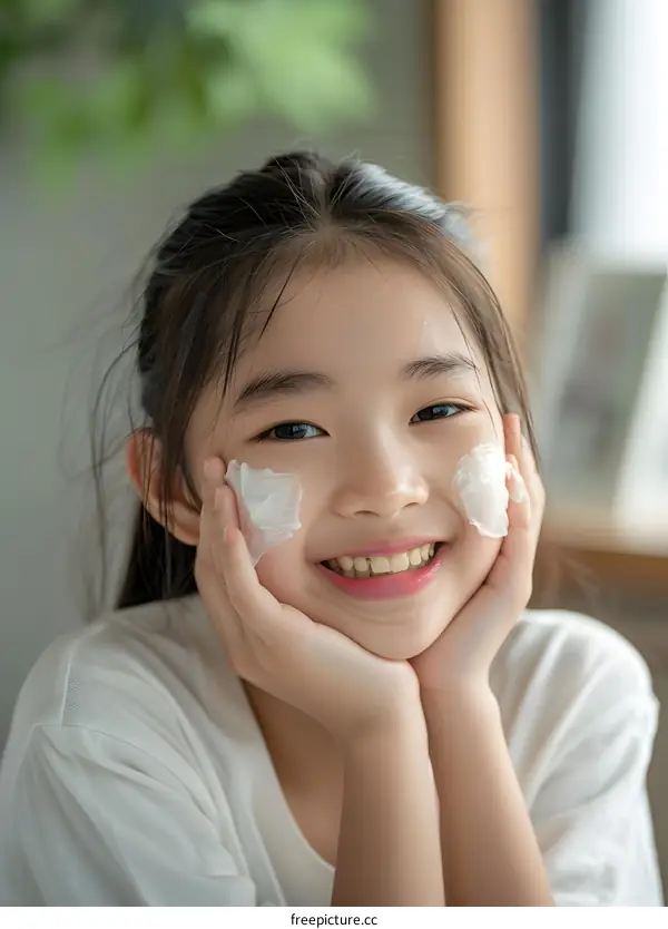 Smiling Girl Applying Cream On Face
