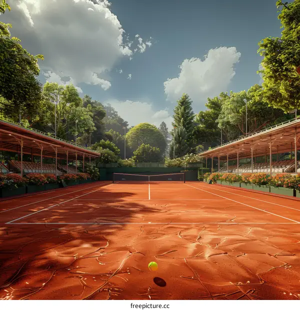 Empty clay tennis court with stands on both sides