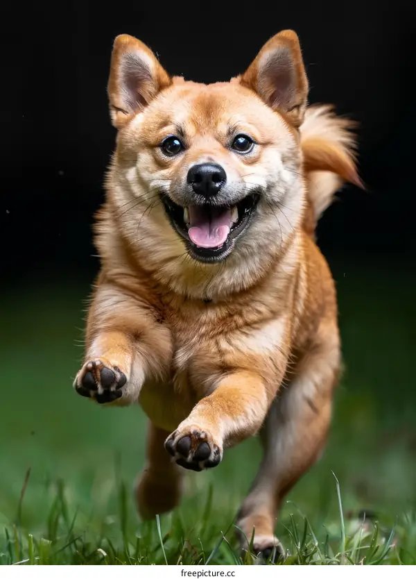A happy Shiba Inu dog running in mid-stride on green grass against a blurred background