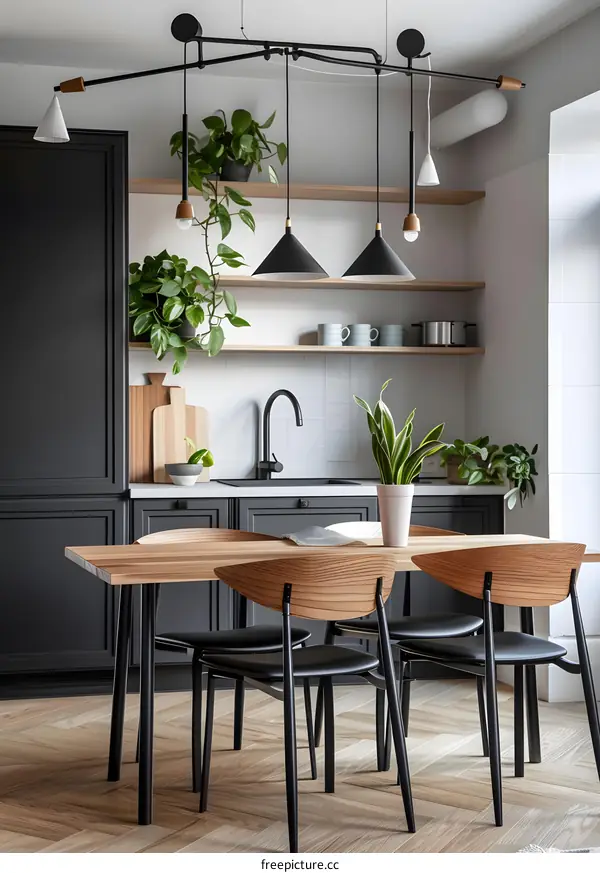 Modern Kitchen Interior Design with Black Cabinets and Wooden Table