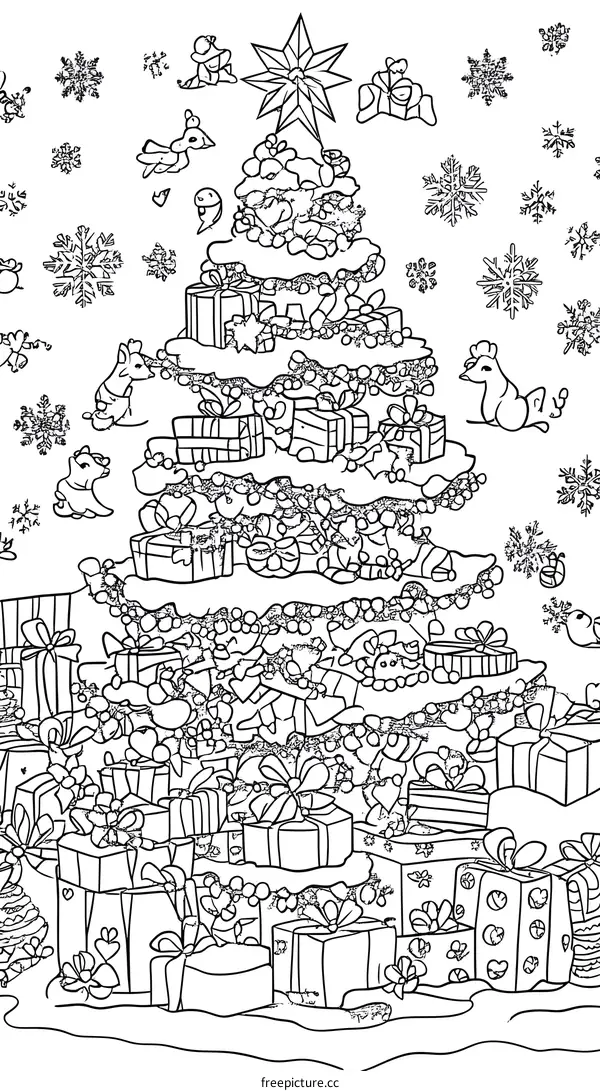 Christmas Tree with Presents and Snowflakes Coloring Page