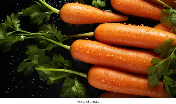 Fresh carrots with green leaves on a black background
