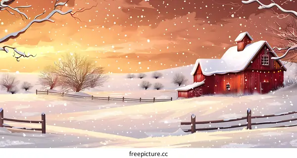 Snowy Winter Landscape with Red Barn