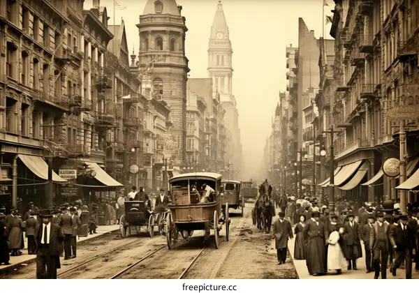 Crowded New York City street with horse-drawn carriages and pedestrians in the late 19th century