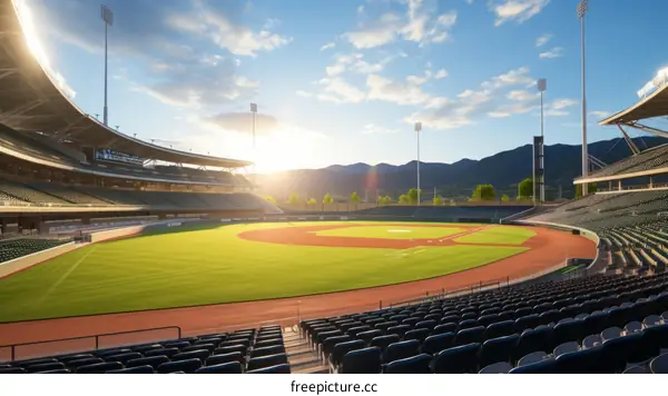 An empty baseball stadium with green field and red clay infield under blue sky during day