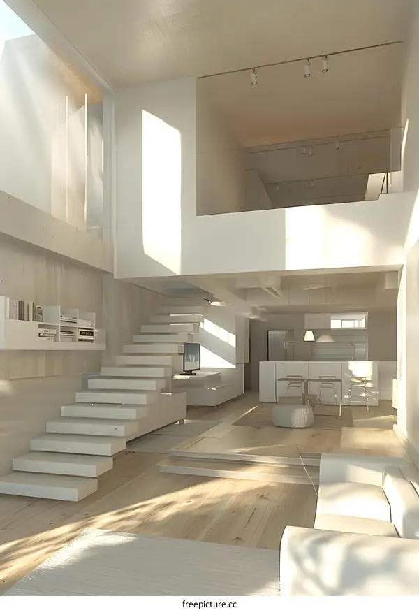 Modern Minimalist Loft Interior Design With Wooden Floor And White Staircase