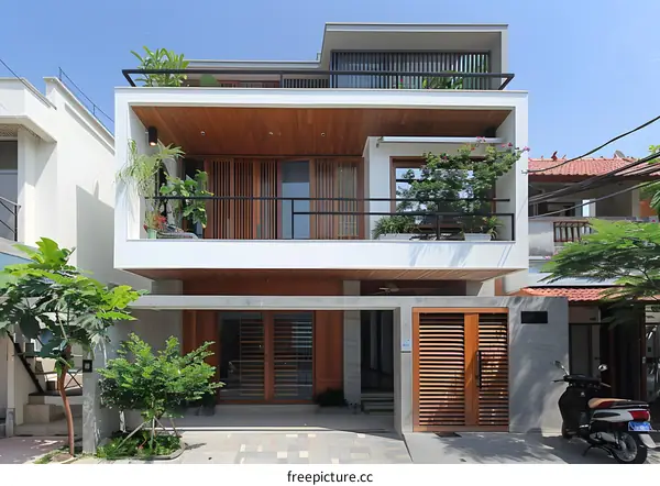 Modern Two Story House With Wooden Doors And Balconies